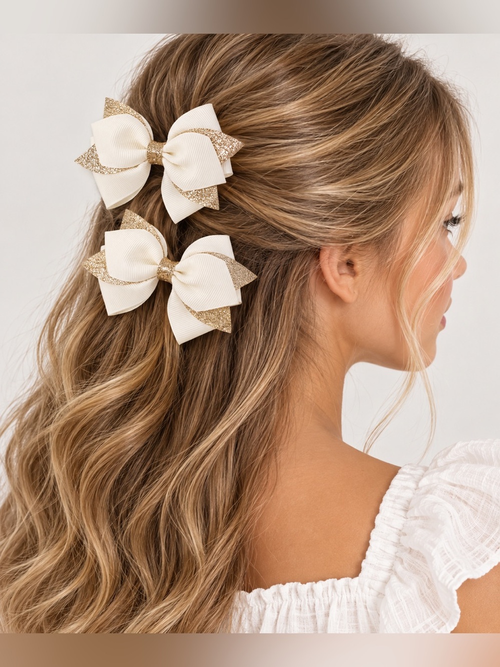 Ivory and Gold Glitter Bow Hair Clips | Hair Accessory | New